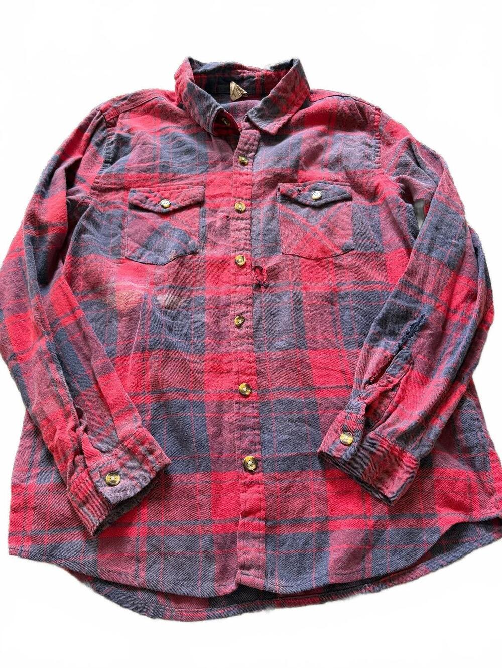 Open Trails Mens Large Red Black Plaid Flannel Shirt Distressed Grunge Workwear